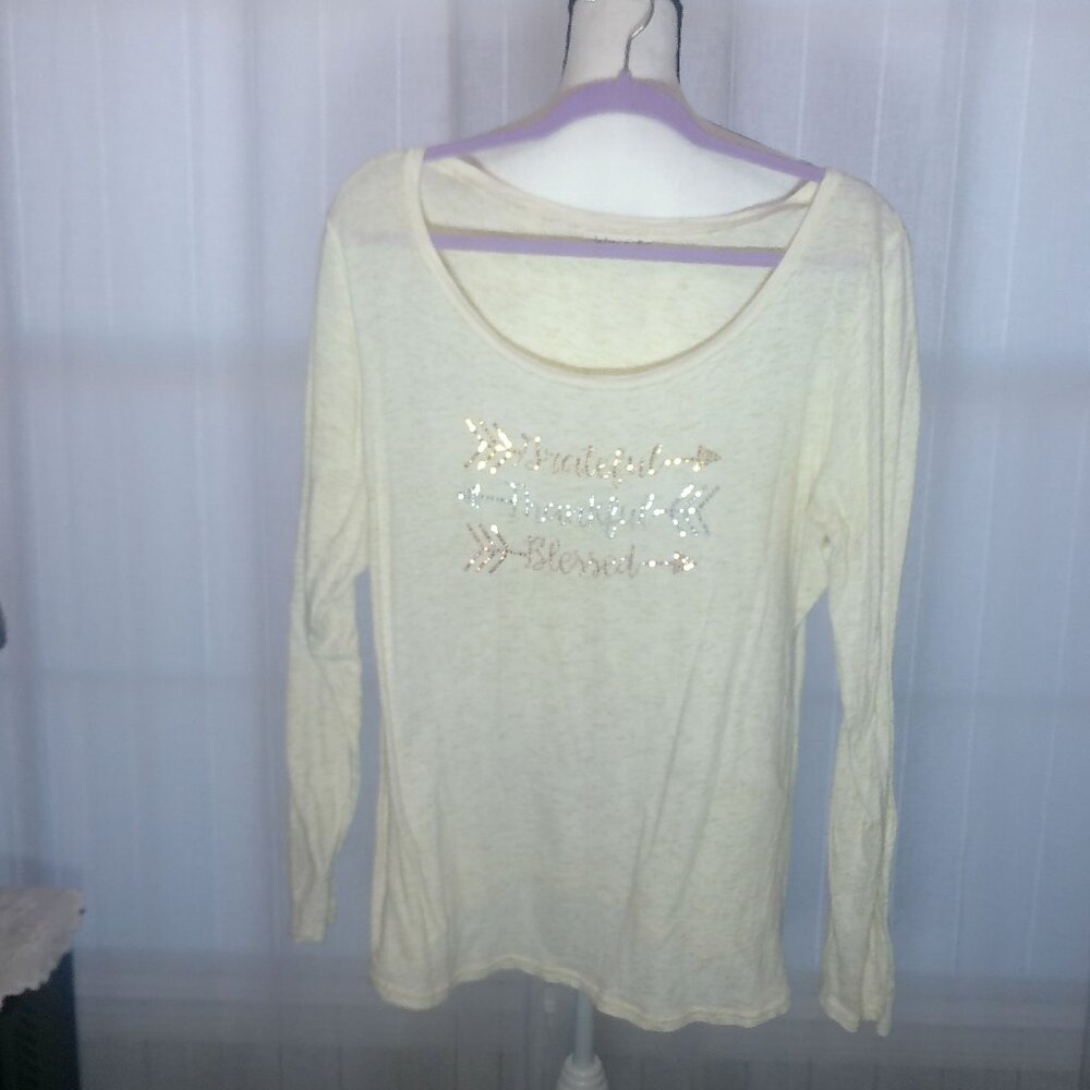 INDIGO SOUL Long Sleeve Scoop Neck "Grateful, Thankful, Blessed" Cream Tee 2XL